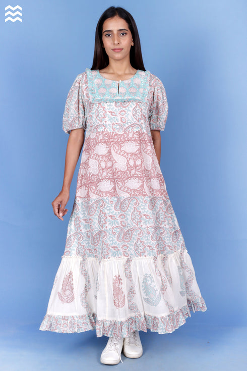 Mulmul Cotton Prairie Dress In Blue Floral Block Print